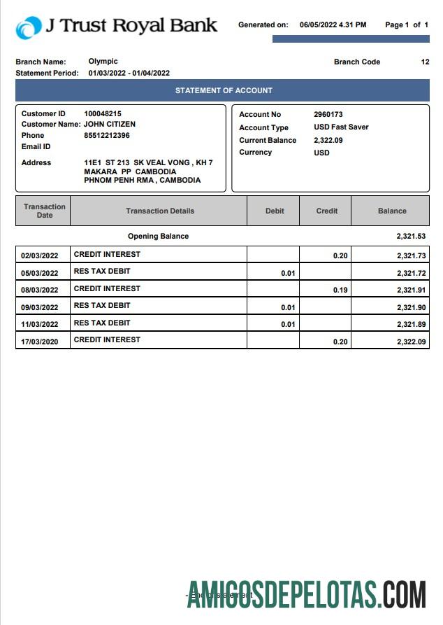 Modelo de extrato do Camboja J Trust Royal Bank